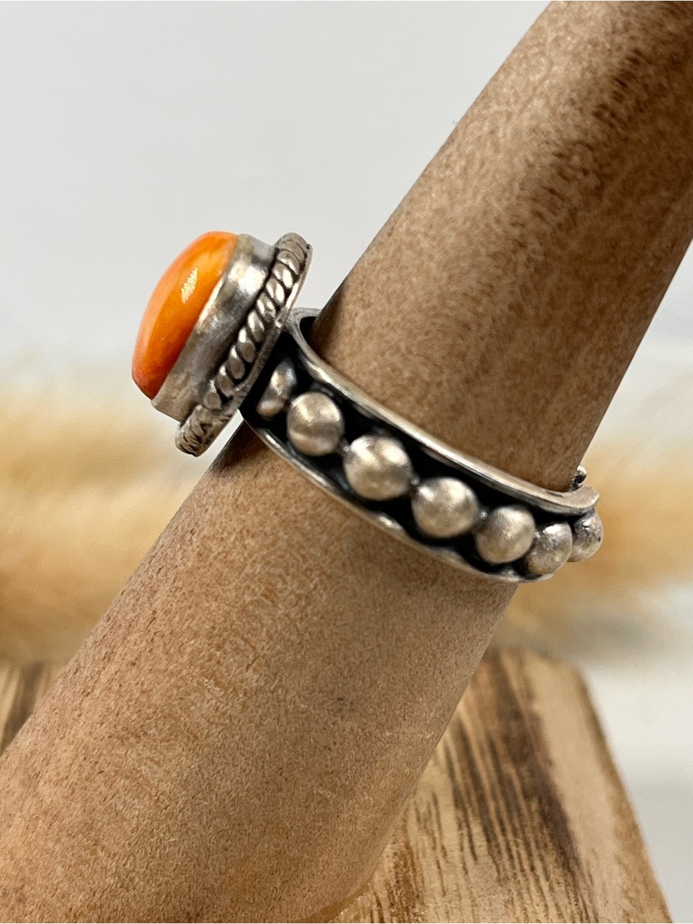Solid Sterling Silver Orange Spiny Oyster Shell Ring Adjustable Size 6.5 - Picture 3 of 10
